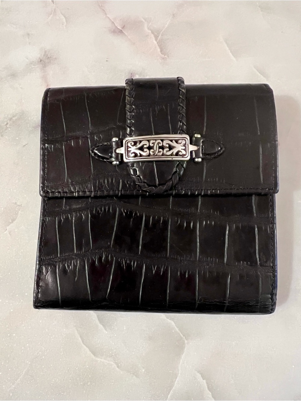Brighton Black Crocodile Pattern Bifold Wallet, Folding Credit Card, Leather